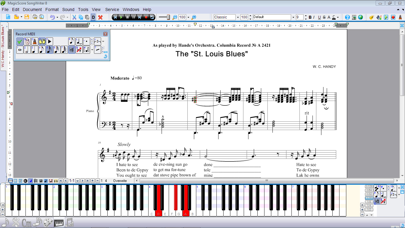 Piano Toolbar, Record MIDI Toolbar, notes, lyrics.