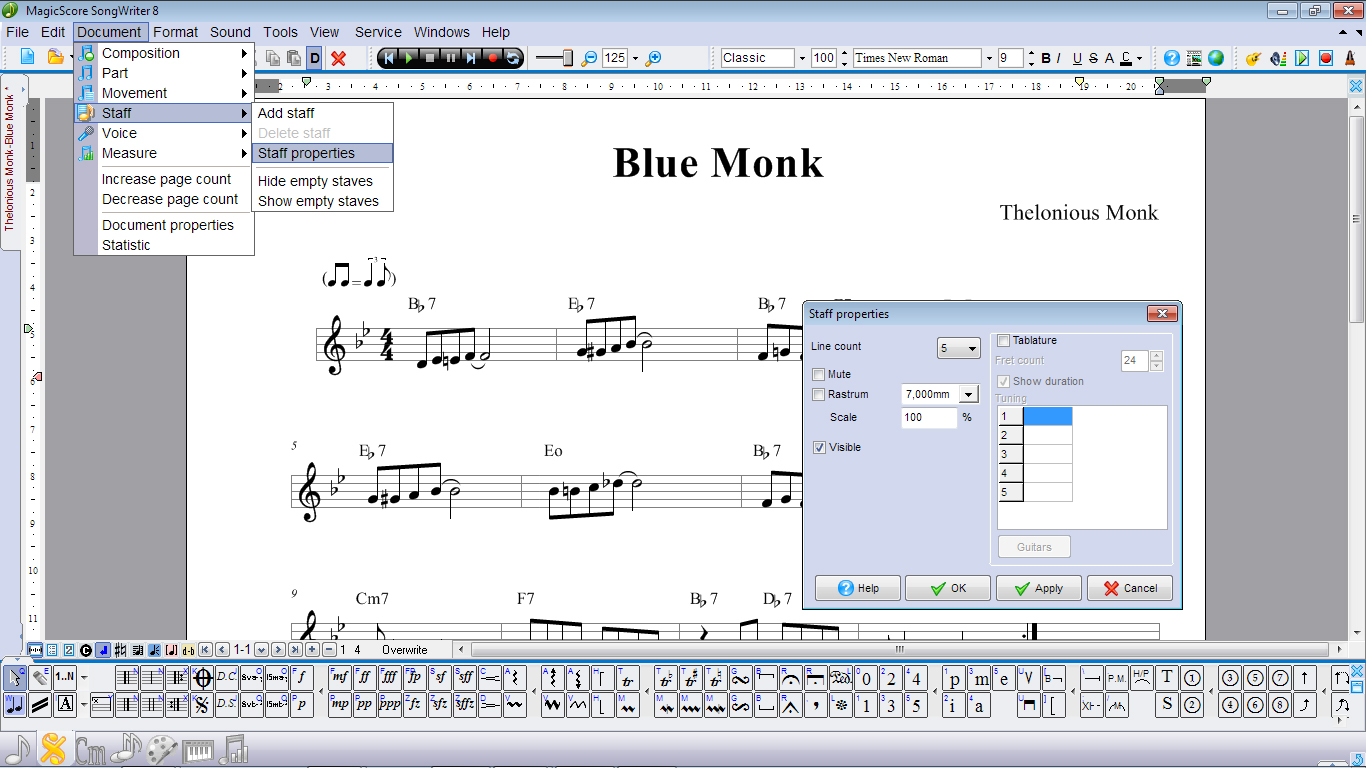 Symbols Toolbar, notes, chords, menu Document, Staff Properties.