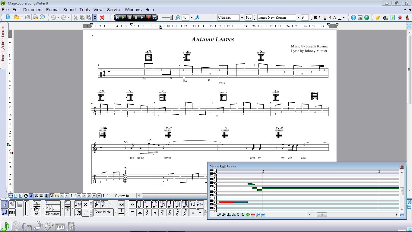 Notes Toolbar, Piano-Roll Editor, notes, tablature, chords.